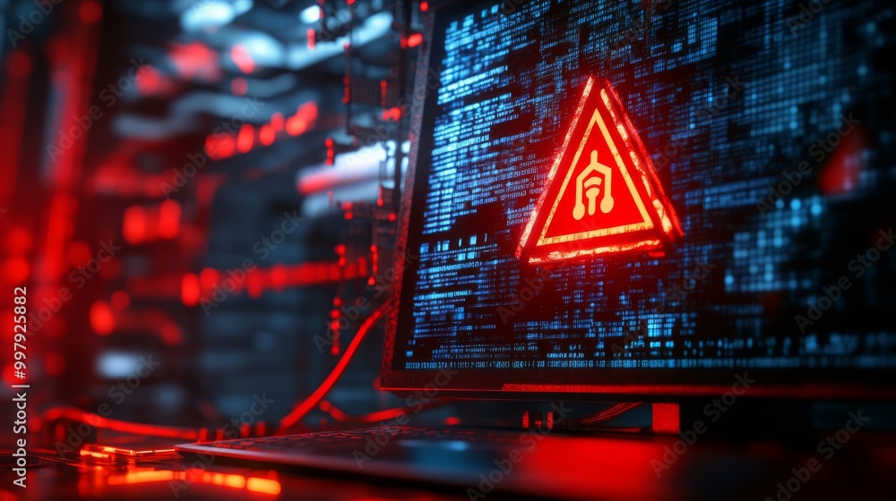 Poster a glowing red warning symbol on a computer screen surrounded by a dark, digital backdrop, indicating