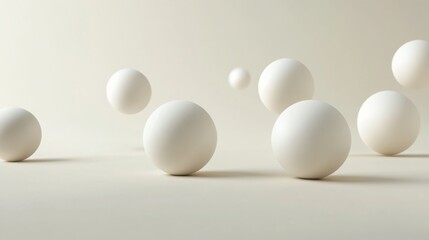  white spheres of different sizes, gently resting on a light-colored surface
