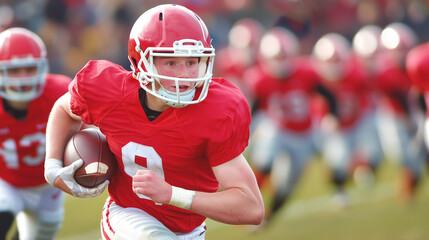 Determined teenage boy running with football in high school game, teammates chasing, crowd blurred in background
