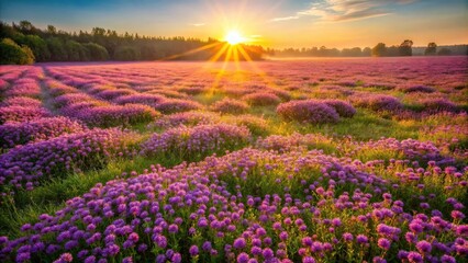 Fototapeta premium Field of purple flowers with sun shining through grass
