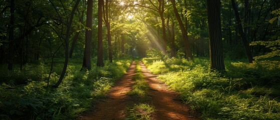 Obraz premium Tranquil Forest Path with Sunlight Rays