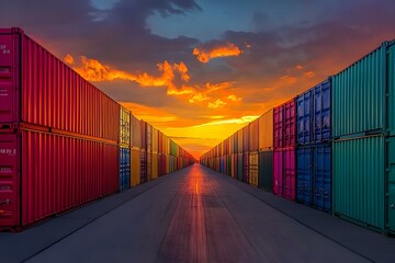 Fototapeta premium Colorful shipping containers at sunset