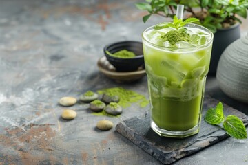 Matcha mojito with matcha powder and mint, served in a highball glass, zen garden background, copy space