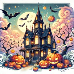 Fototapeta premium Picture a spooky Halloween scene featuring a ghost town under the moonlight with pumpkins scattered around, haunted houses in the distance, and bats flying in the dark sky