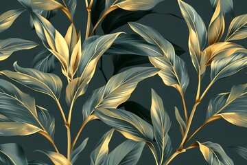 A seamless pattern of exotic leaves with a dark background. The leaves are gold and green, with intricate details.