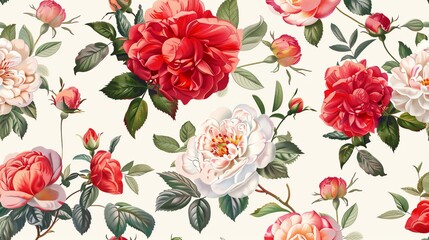 A beautiful floral pattern with red, pink, and white roses