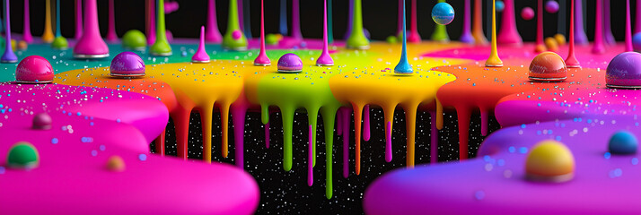 Colorful Liquid Mix Shape, Realistic Abstract 3D. Dynamic Splash, Drop, Wave. Glossy Surface, Glass, Plastic, Paint, Light Reflections. Trendy Modern Background, Fancy Contemporary Art, Bold Fashion