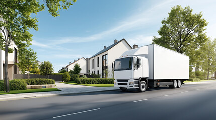Clean Shipping Truck Driving on Suburban Road with Minimalist House Facades in Background
