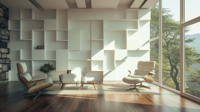 Modern living room featuring a wall of staggered rectangular windows at varying heights, providing a unique geometric aesthetic.