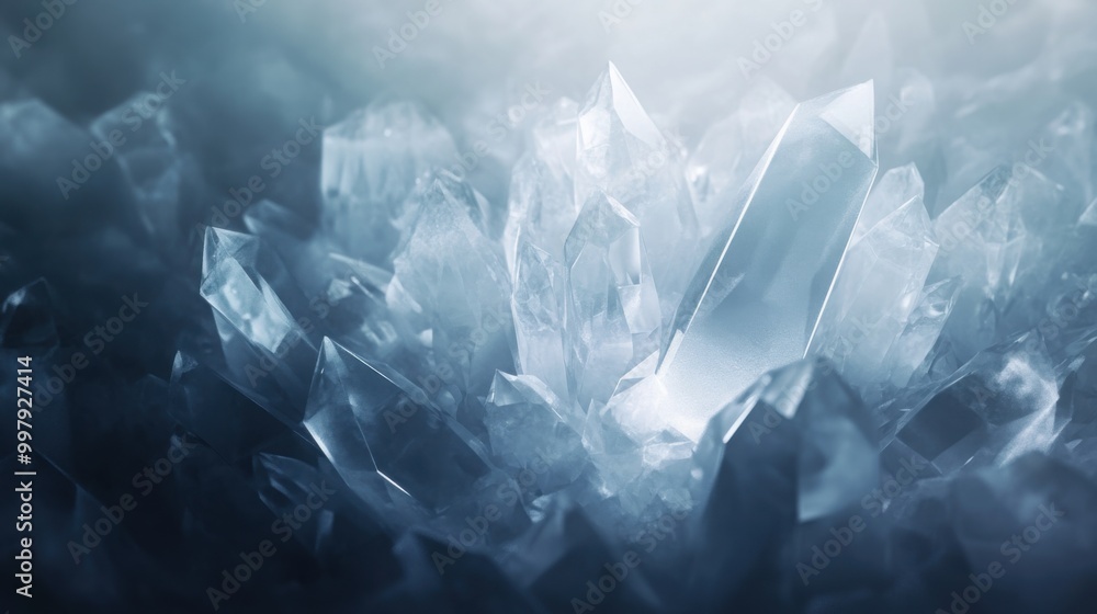 Poster a minimalist 3d background with sharp, crystalline structures made of ice, glowing softly in a dark
