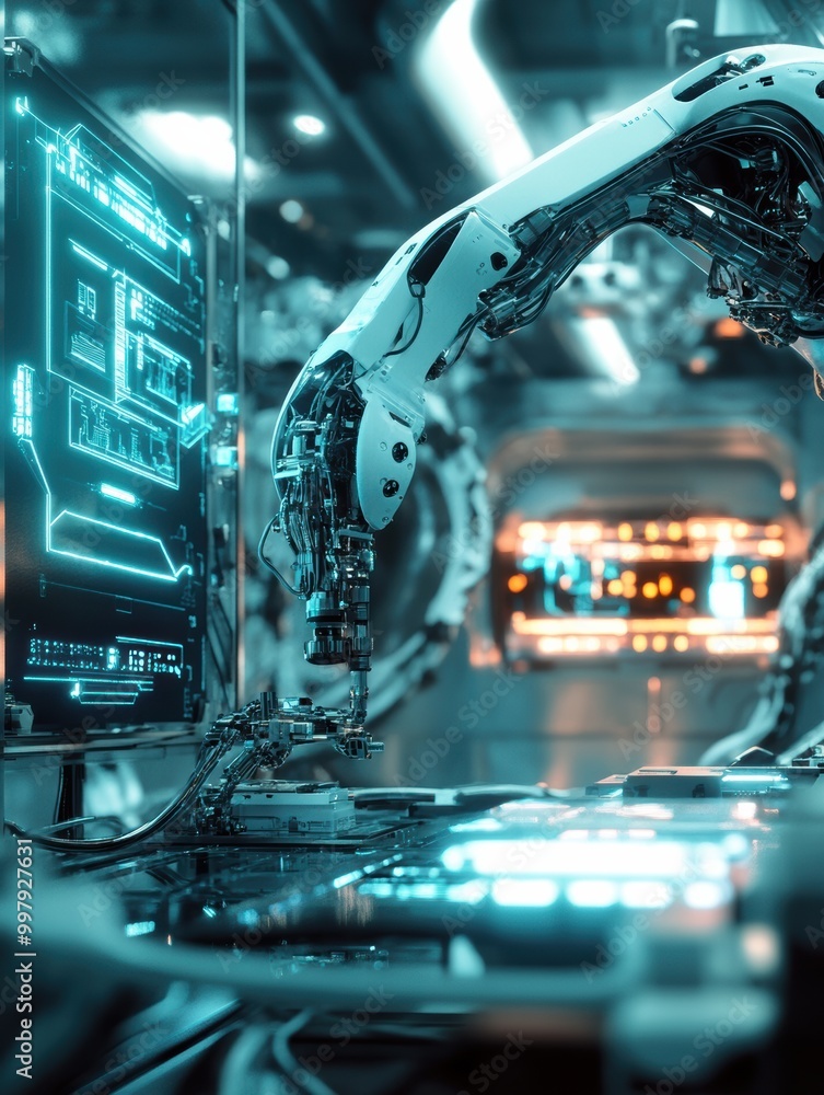 Poster In a high-tech lab, a robotic arm skillfully assembles intricate machinery while illuminated panels and holographic displays surround it. Generative AI
