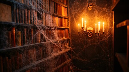 A dimly lit library filled with cobwebs, candles, and a skull, creating a spooky, haunted atmosphere perfect for Halloween.