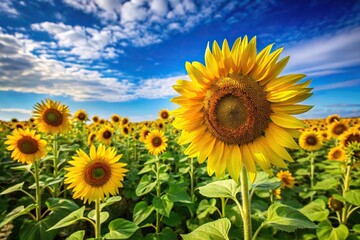 Field of sunflowers under bright blue sky viewed from below