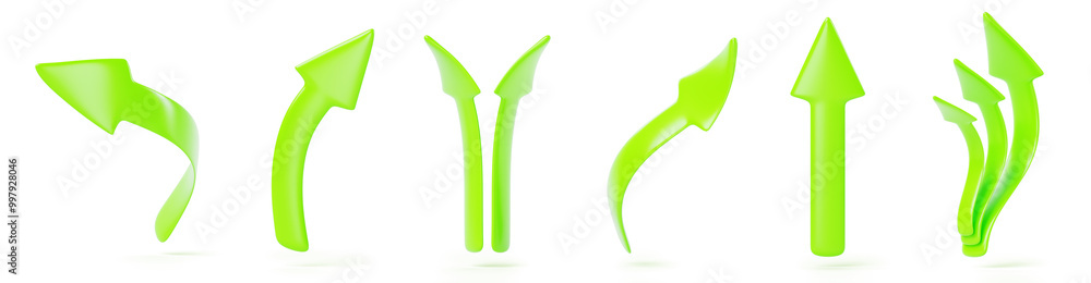 Poster green arrows 3d render icon set. direction pointer up, left and right. double and triple arrows, cur