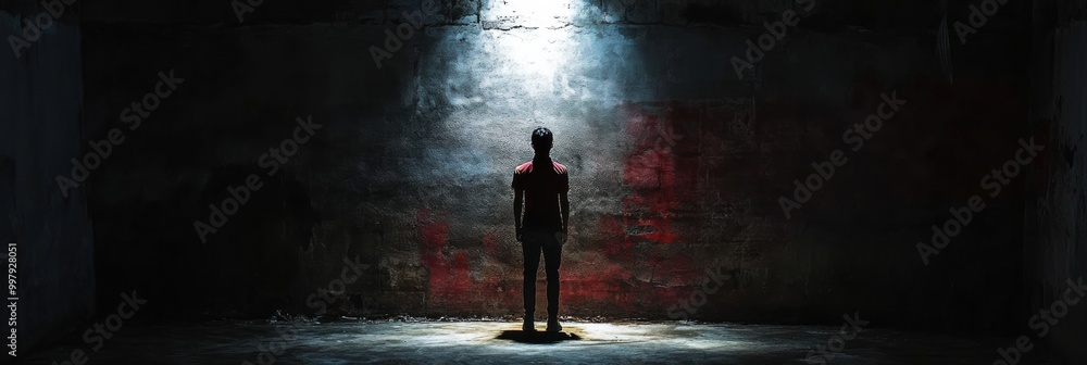Aufkleber in a dimly lit room, a solitary figure is highlighted by a spotlight, surrounded by deep shadows and