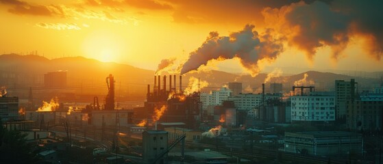 Naklejka premium Factory Emitting Smoke Against Sunset Sky