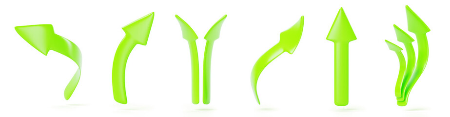 Green arrows 3d render icon set. Direction pointer up, left and right. Double and triple arrows, curved lines and bifurcation, website design elements isolated on white background. 3D illustration