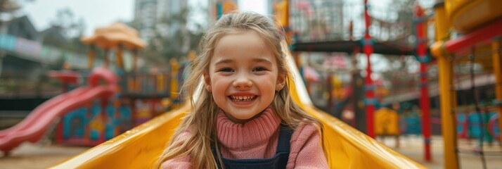 Obraz premium Little girl smiling while sliding down a slide at a playground. AI.