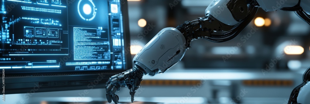 Fototapete a robotic arm works diligently to assemble intricate machinery in a cutting-edge laboratory featurin