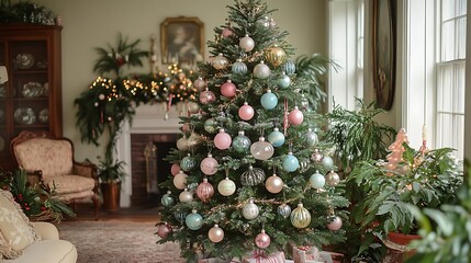 A vintage Christmas tree adorned with pastel-colored glass ornaments, metallic tinsel, and nostalgic paper decorations, standing in a cozy living room with antique furniture,