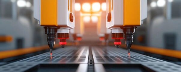 Dual injection mold machines running in sync, efficient production, 3D illustration