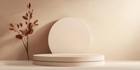 Minimalist display with circular podium and decorative plant, creating serene and elegant atmosphere. Perfect for showcasing products or art