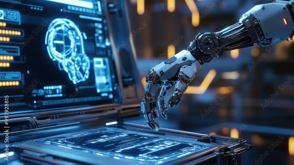 Fototapete In a high-tech lab, a robotic arm skillfully assembles intricate machinery while interacting with glowing holographic displays. Generative AI
