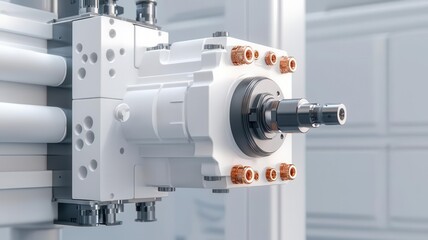 Injection molding machine, advanced technology in action, 3D illustration