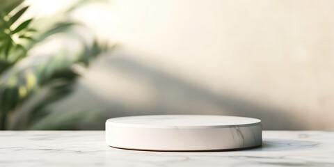 minimalist white marble display stand is elegantly positioned on marble surface, surrounded by soft natural light and lush green foliage, creating serene atmosphere