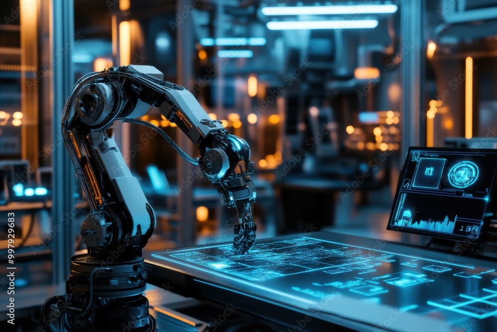 Poster a robotic arm skillfully assembles intricate machinery in a sleek, illuminated laboratory filled wit
