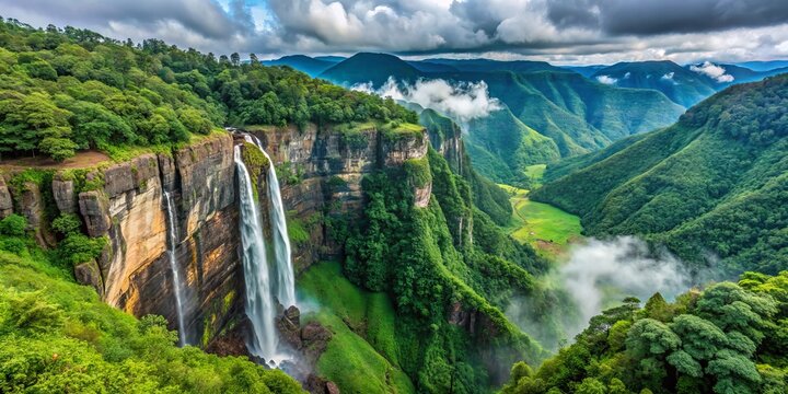 Cherrapunjee's breathtaking landscape in Meghalaya during monsoon showcases vibrant greenery and stunning waterfalls,