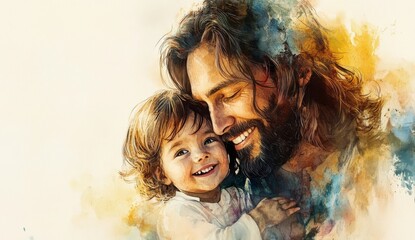 Jesus Christ embraces a child, radiating love and compassion in a watercolor painting.  .
