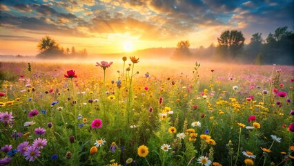 Field of wildflowers in a misty morning light with shallow depth of field
