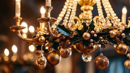 An elegant chandelier decorated with mistletoe and gold ornaments