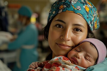 A smiling woman cradles a sleeping infant. This photo is perfect for illustrating motherhood, love, and care.