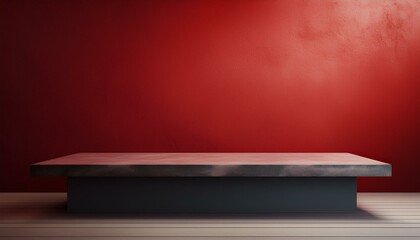 Studio with podium for product presentation. Empty floor and red wall with stand. 3D room with gradient background. Countertop with concrete or marble texture. red background