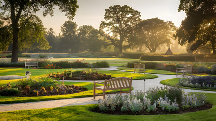 Fototapeta premium A serene landscape of a well-maintained garden with blooming flowers, benches, and pathways, symbolizing peace and wisdom. (World Day of Older Persons).