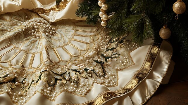 A luxurious Christmas tree skirt embroidered with gold thread and pearls - Powered by Adobe