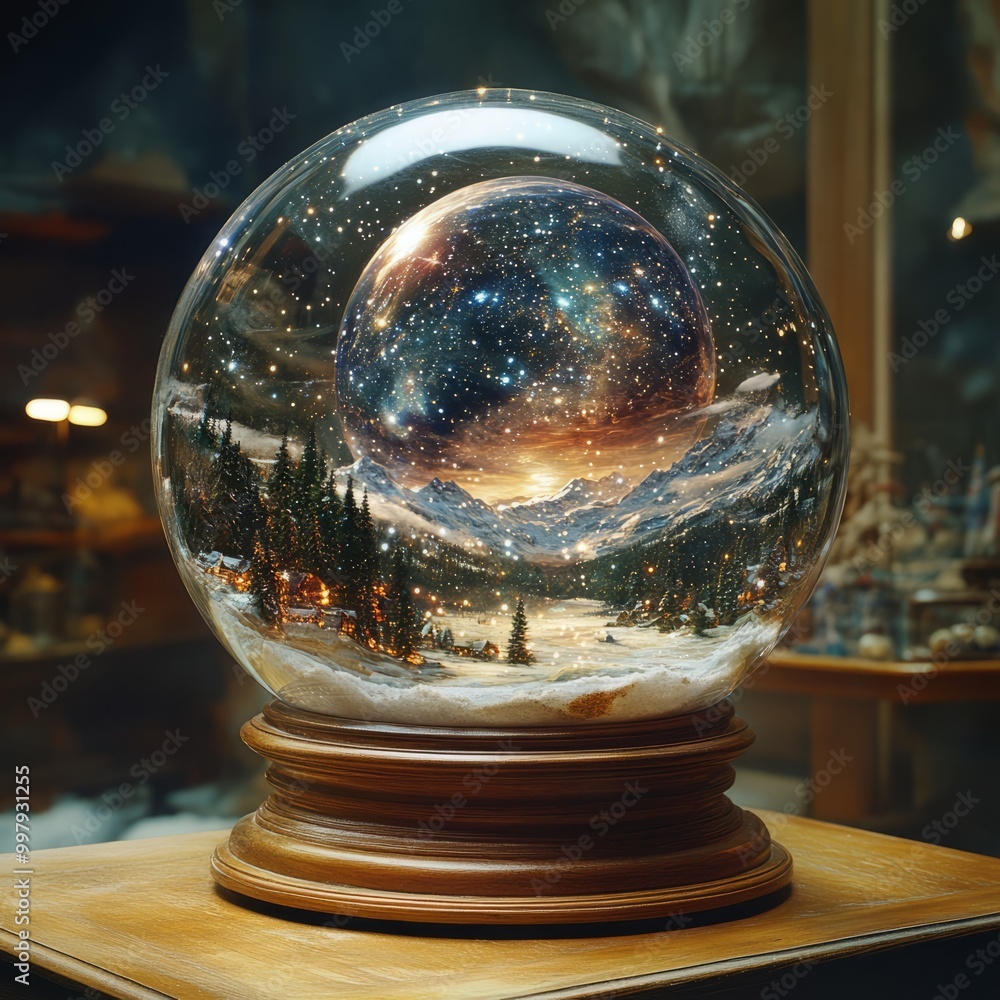 Canvas Prints A snow globe with a winter scene and a galaxy inside.