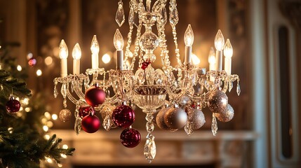 A grand chandelier with Christmas ornaments hanging from its crystal arms