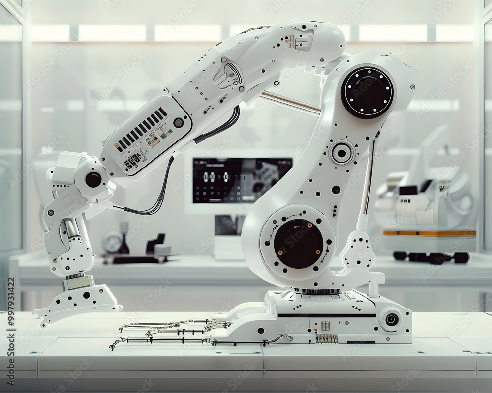 Poster advanced robotic arm in a modern laboratory setting, showcasing precision engineering and innovative