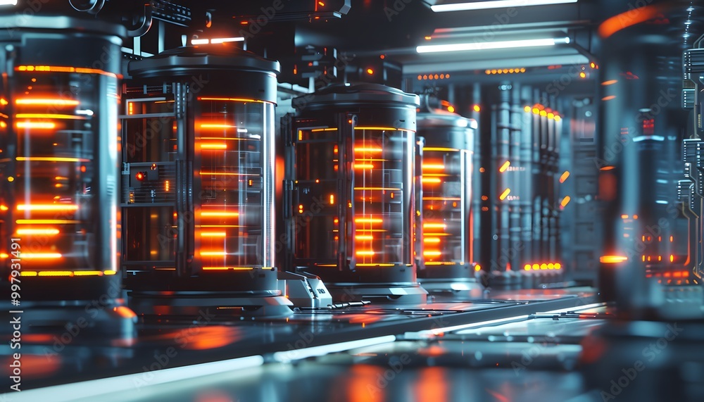 Poster futuristic data storage facility with glowing technology and illuminated components. a glimpse into 