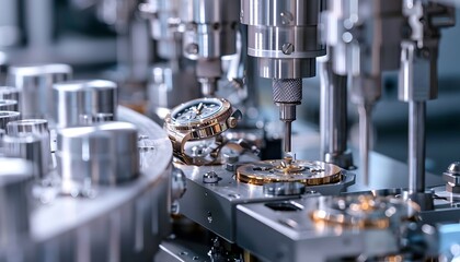 Close-up of precision machinery assembling luxury watch parts in a high-tech factory environment.