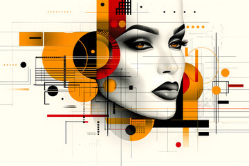 A woman's face is drawn in a colorful, abstract style. The image is a work of art that combines different shapes and colors to create a unique and eye-catching design