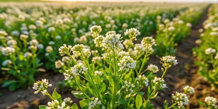 Field pennycress thlaspi arvense plant in agricultural field with spring flowers, bird's eye view