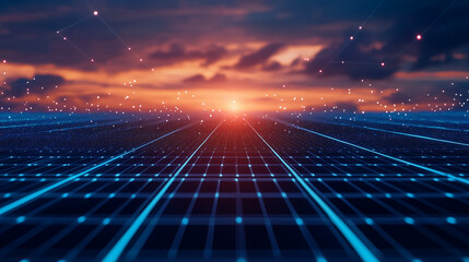 AI monitoring and enhancing the efficiency of large-scale solar farms, optimizing energy production and sustainability. The scene features a vast array of solar panels with a blurred background, highl