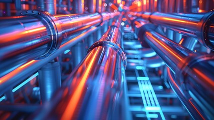 A vibrant perspective of metallic pipes illuminated with colorful light, showcasing industrial design and modern architecture.