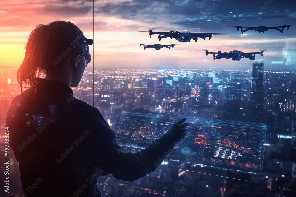 Fototapete The drone pilot skillfully directs multiple sleek drones using a touchpad while overseeing a glowing city at dusk. Generative AI