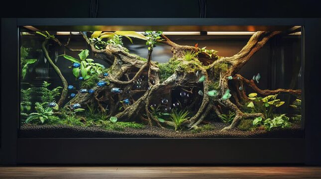 aquarium landscape with tropical forest decoration with tree roots and ornamental fish swimming in the aquarium, Virtual 4K video animation background with looping time lapse with very smooth graphics