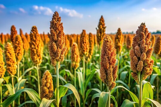 Fields of mature jowar sorghum crops ready for harvest on a tilted angle